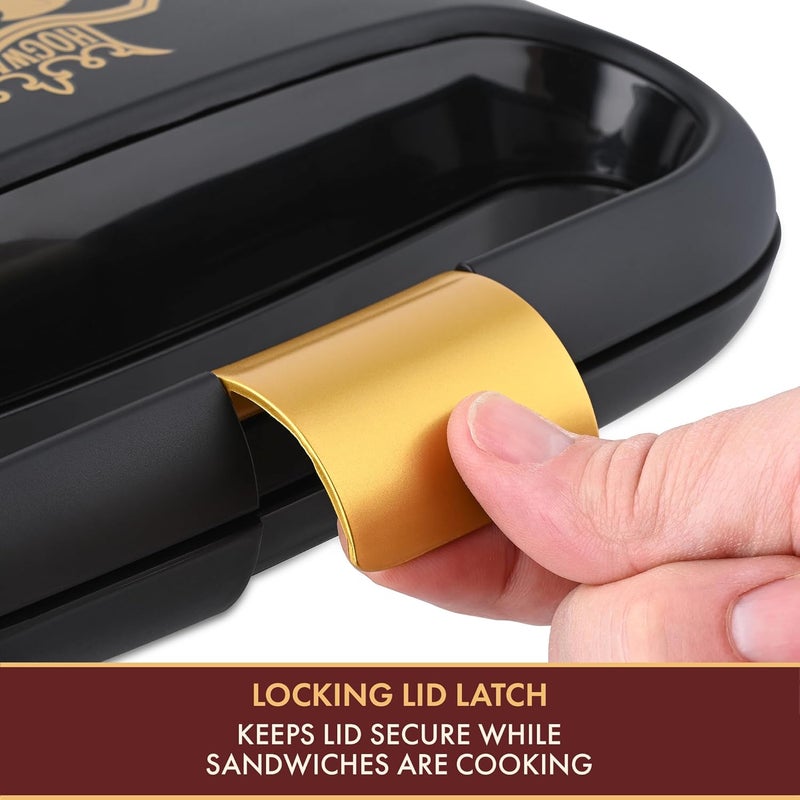 Harry Potter Warner Brothers Dual Sandwich Maker by Select Brands - Ceramic Coated Cooking Plates - Imprints Hogwarts Crest and Glasses on Toasted Sandwiches, Black and Gold, WBH-100SM - Image 3